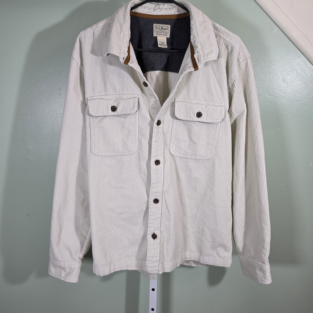 LL Bean Mens Rangely Corduroy Shirt Jacket Off White Button Up Size Large Reg